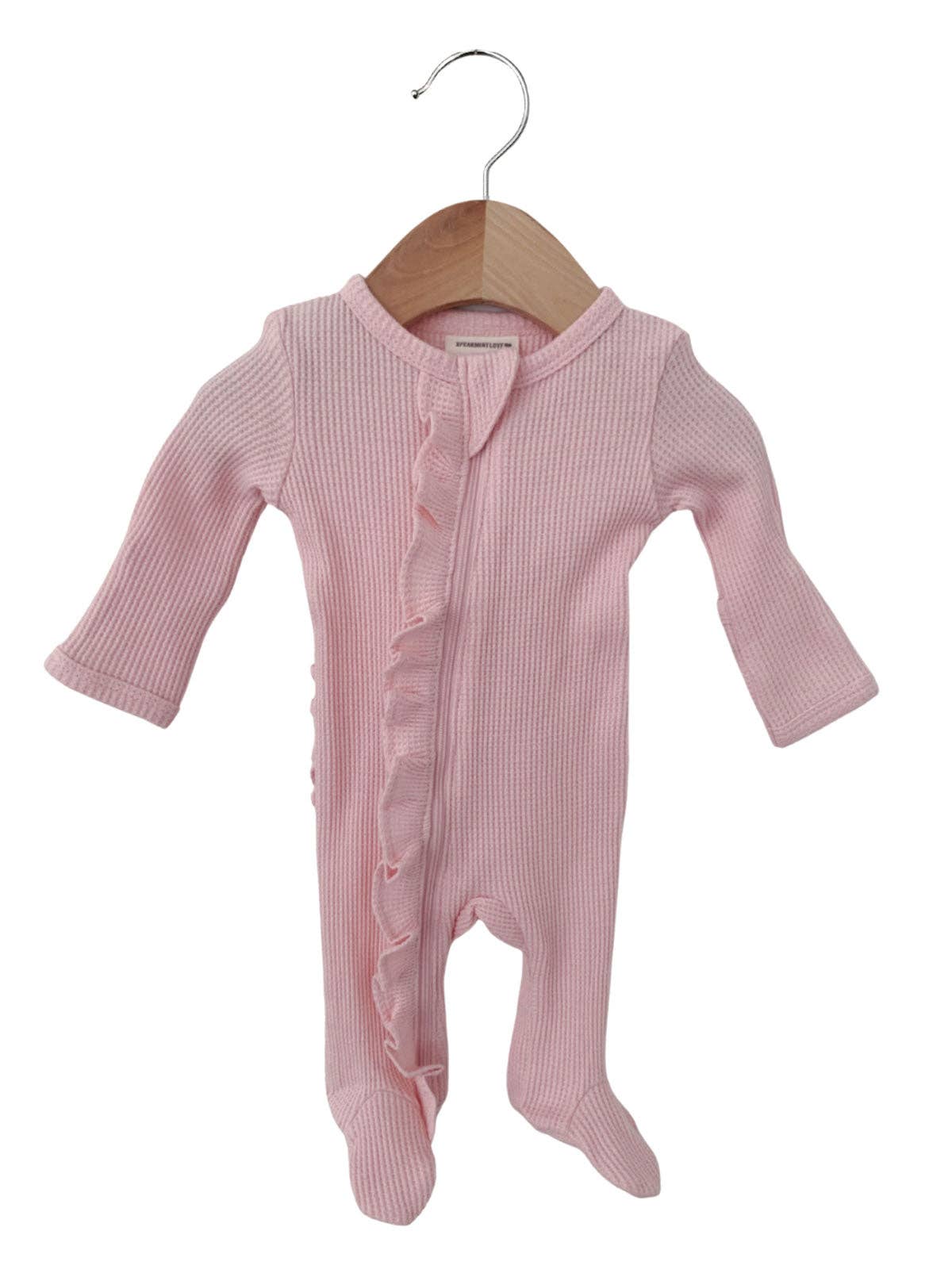 Organic Waffle Ruffle Zip Footie, Blush- Spearmint Love