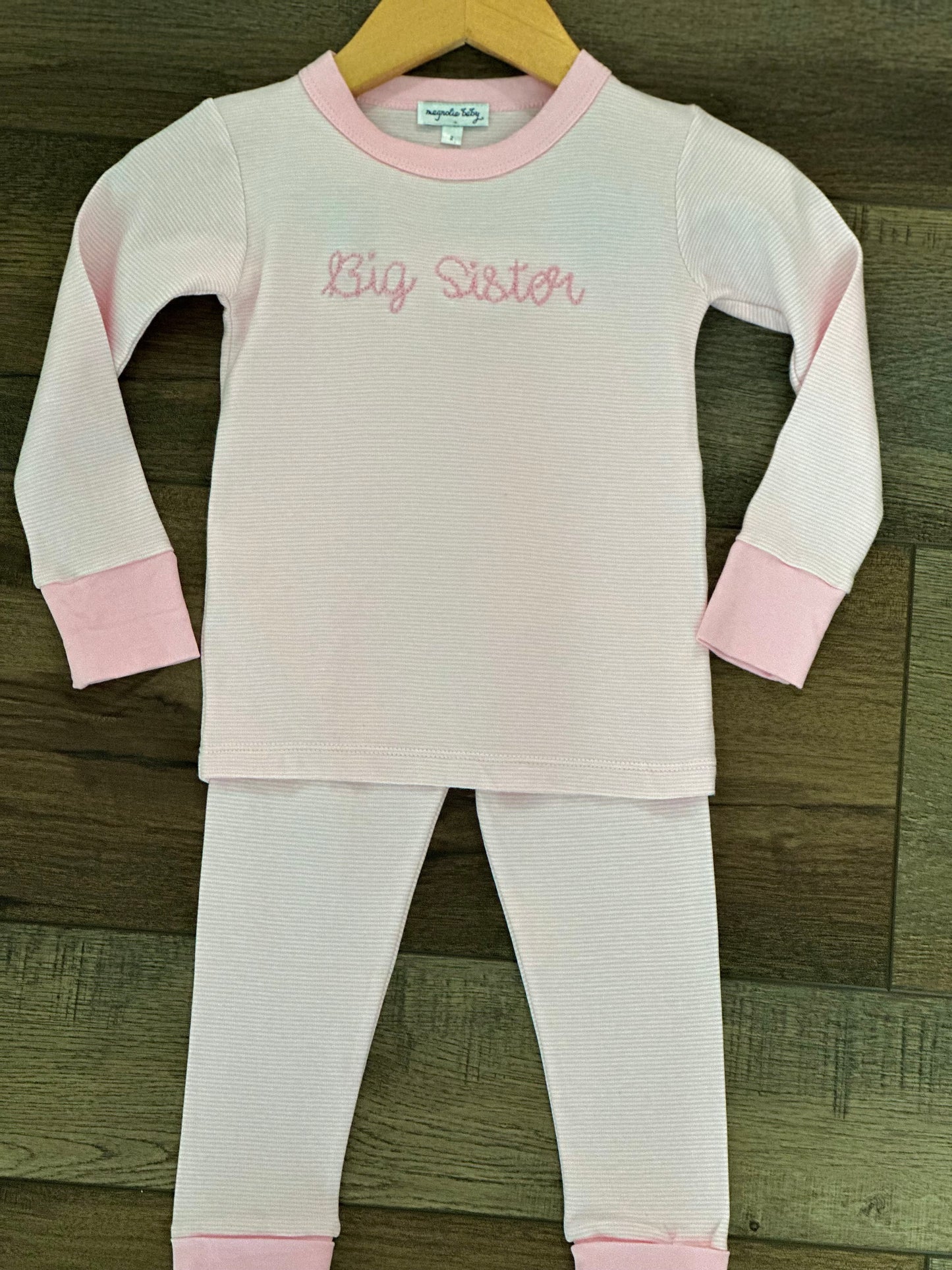 Hand Stitched Essentials Mini Stripes Pink Long Pajamas- Big Sister
