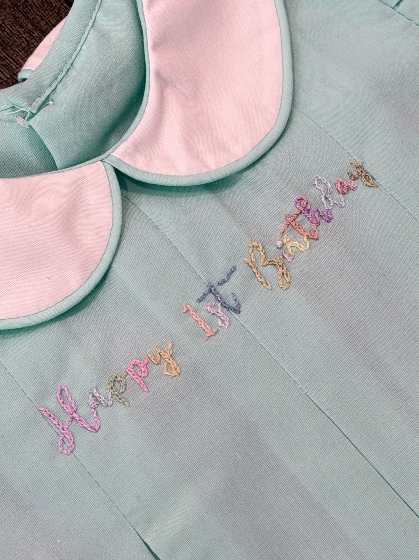 Reese Seafoam Agua Girl Bubble with Hand Embroidered Happy 1st Birthday