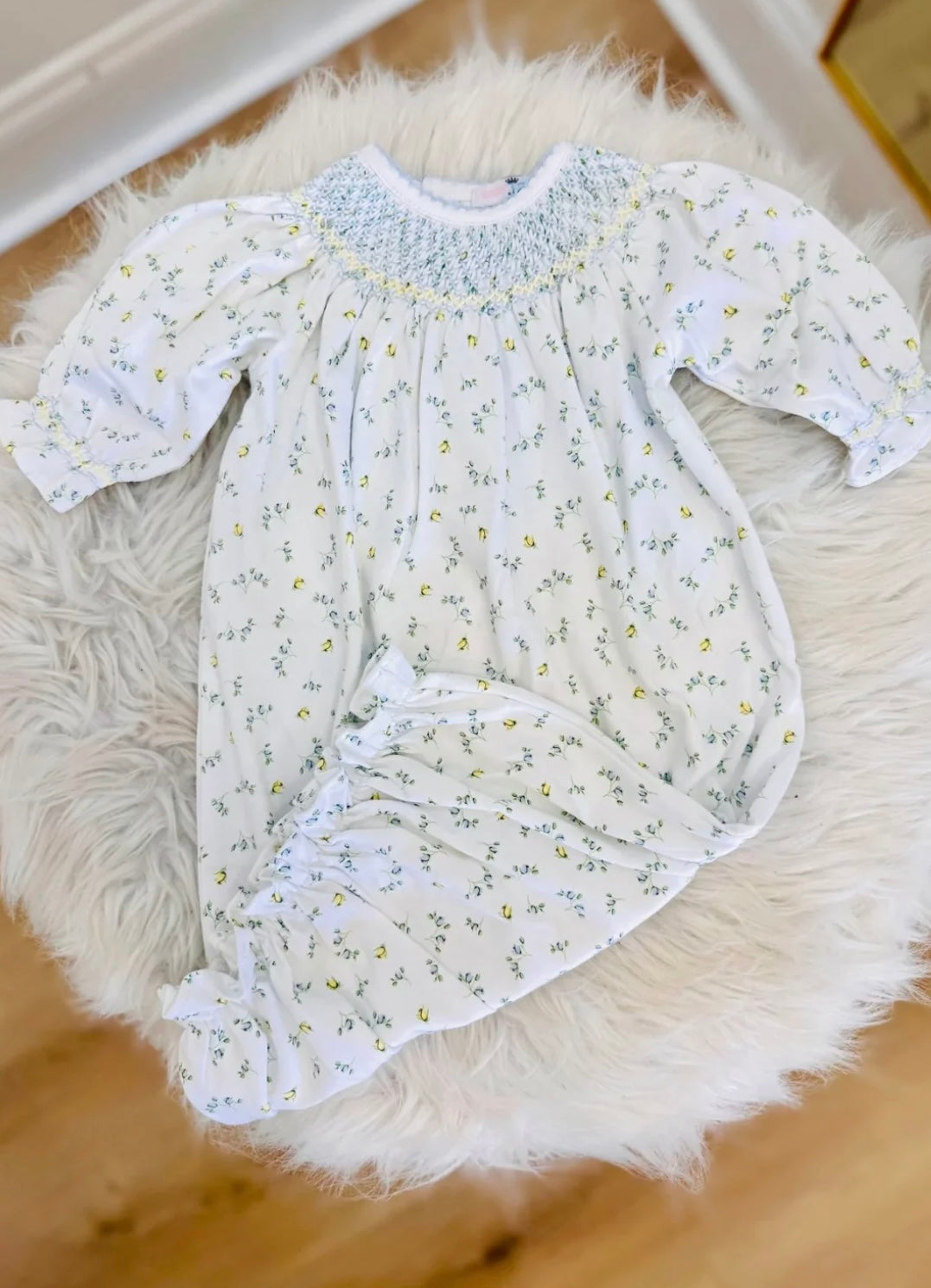 Mia Blue Floral Hand Smocked Bishop Gown