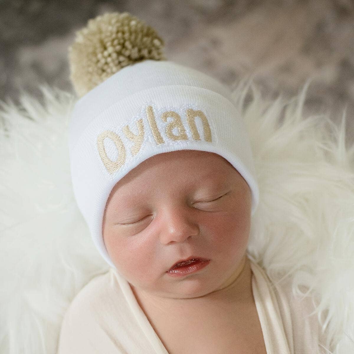 White Newborn Hat with Oatmeal Pom Pom