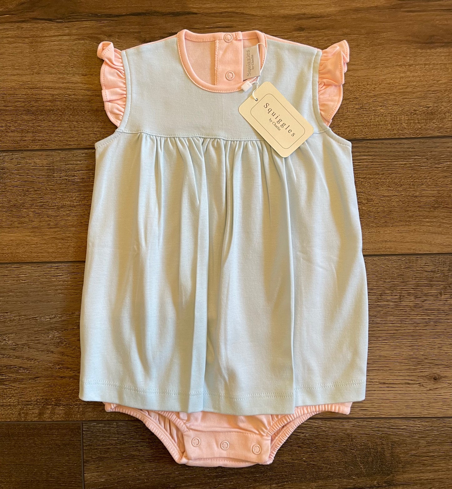 Blue with Pink Flutter Sleeve Apron Romper- Squiggles by Charlie