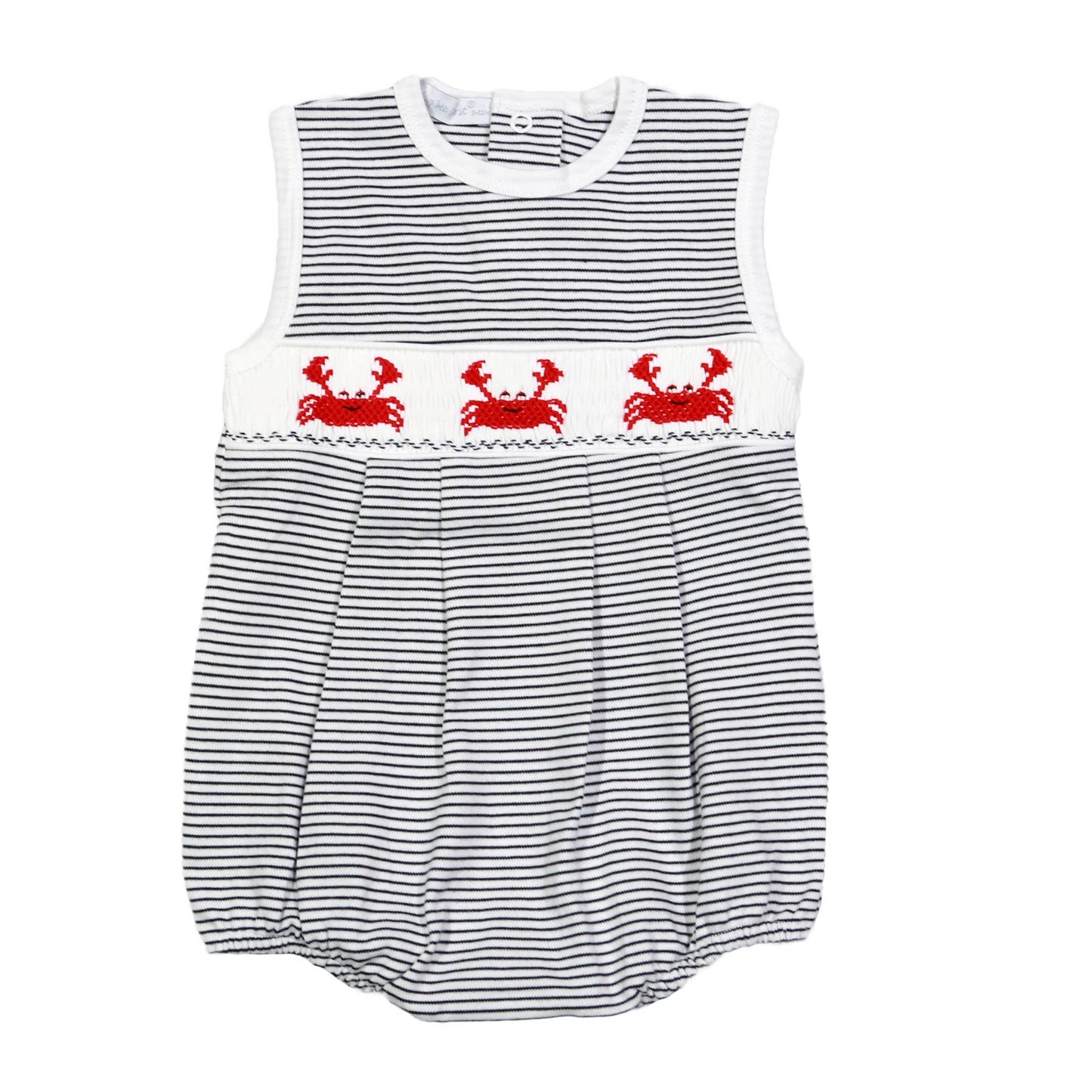 NAVY BLUE STRIPES CRABS NO SLEEVES HAND SMOCKED PIMA BUBBLE