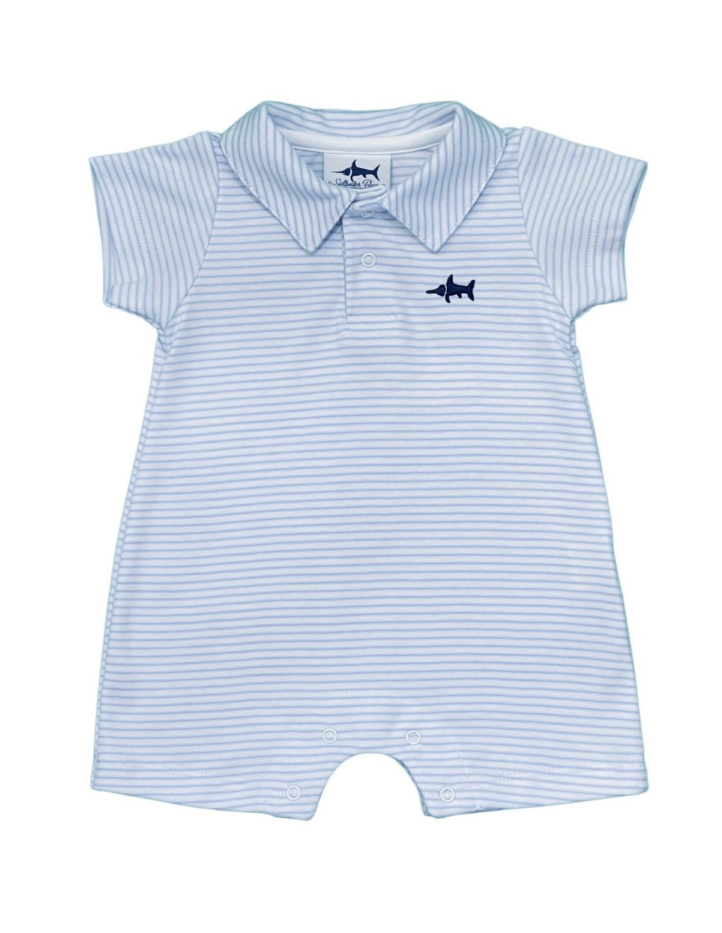 Signature Polo Romper Saltwater Boys Co.- LIght Blue Stripe