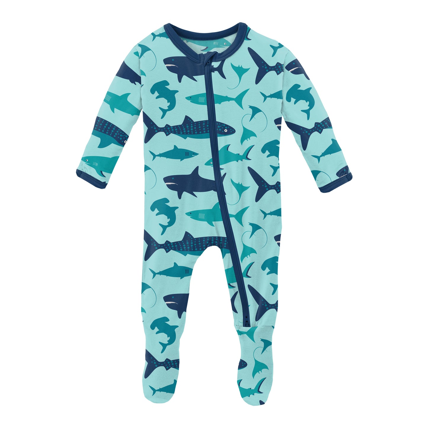 Print Footie with 2 Way Zipper in Summer Sky Sharks- Kickee Pants