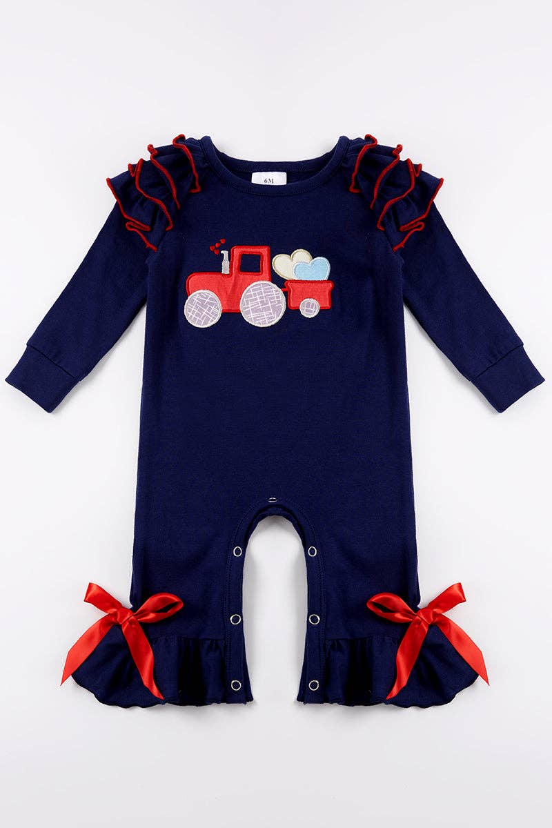 Valentine Navy Truck Heart Applique Ruffle Baby Romper