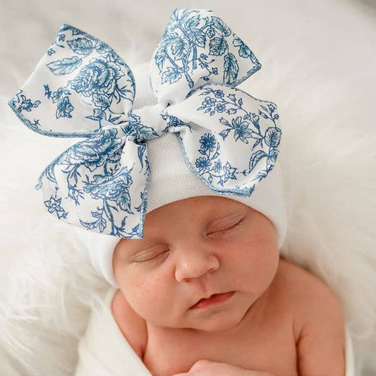 Blue Toile Floral Bow White Hospital Hat: Newborn