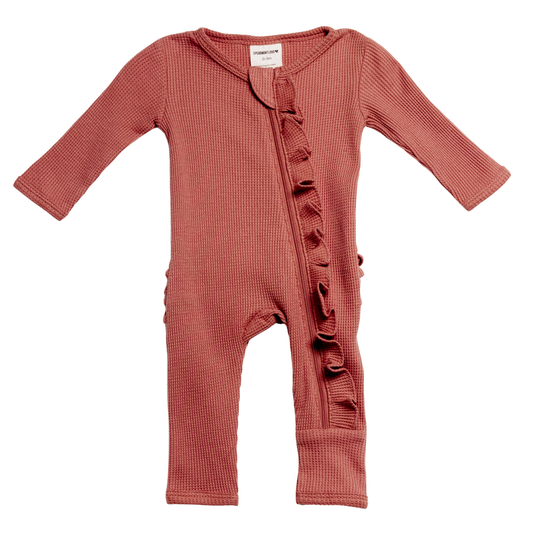 Organic Waffle Ruffle Zip Romper, Dusty Rose-Spearmint Love