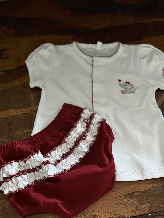 Elephant Football Crimson Emb Ruffle Diaper Cover Set