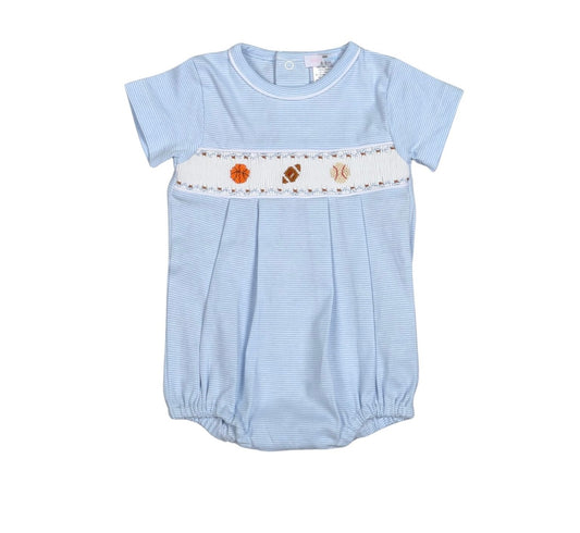 Baseball Blue Hand Smocked Pima Bubble