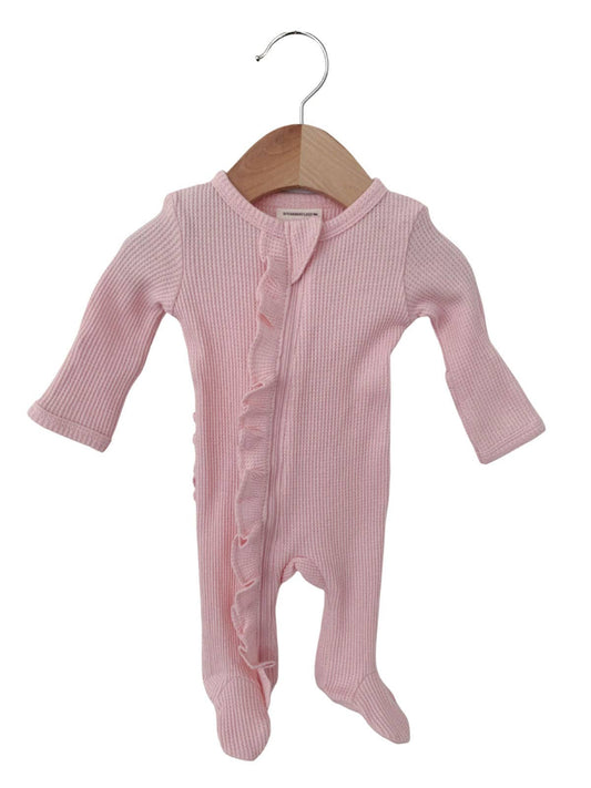 Organic Waffle Ruffle Zip Footie, Blush- Spearmint Love