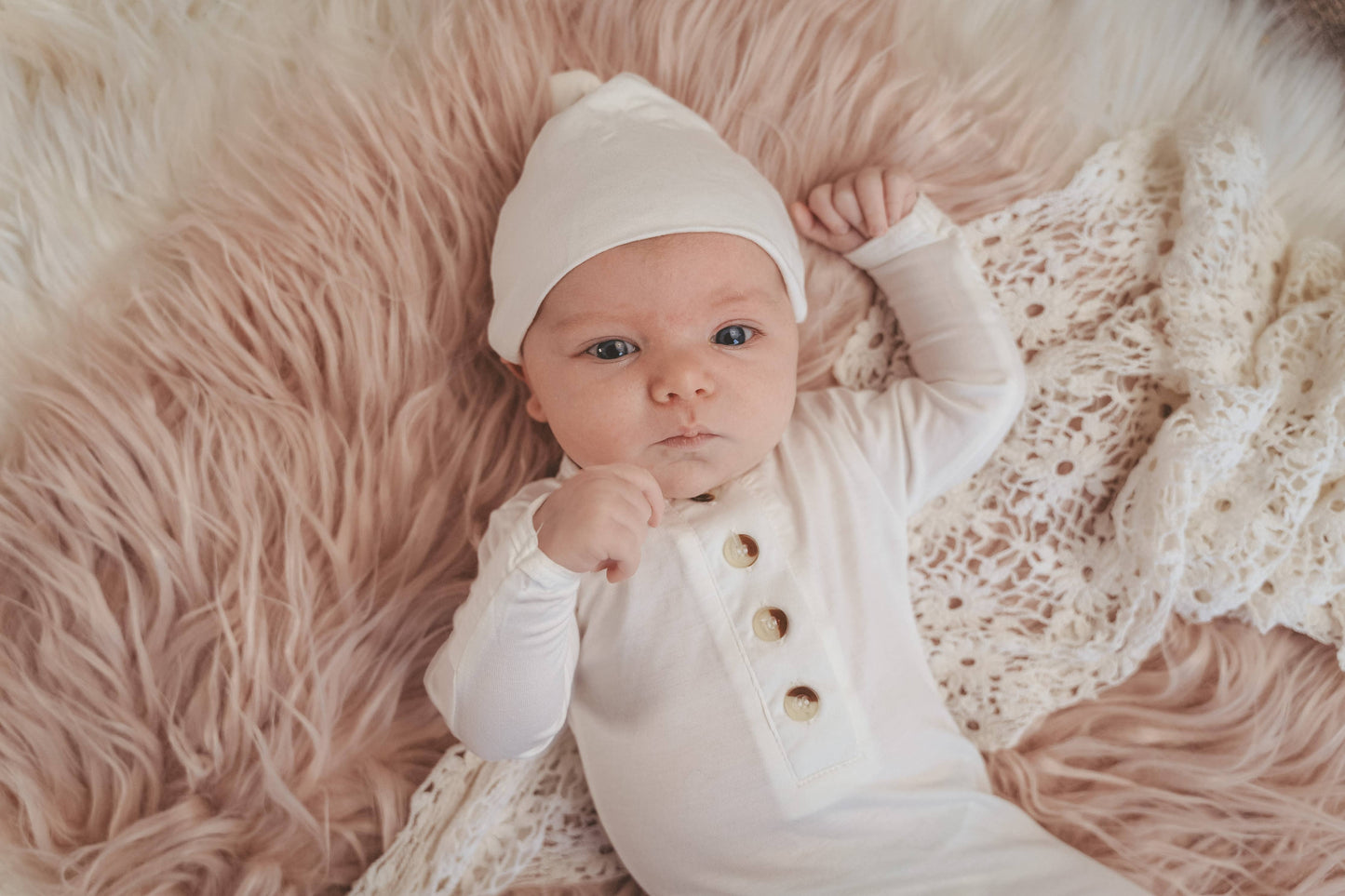 Knotted Baby Gown Set (Newborn - 3 mo.) - Creamy White: Hat