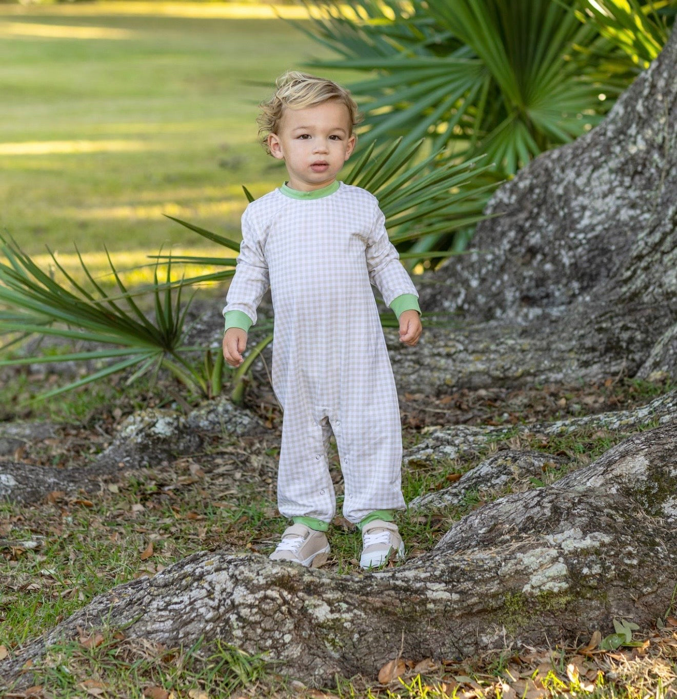 Miller Romper-Khaki Gingham/Sage