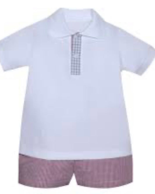 White Polo and Maroon Gray Shorts