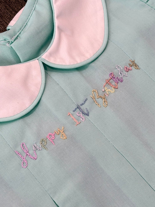Reese Seafoam Agua Girl Bubble with Hand Embroidered Happy 1st Birthday