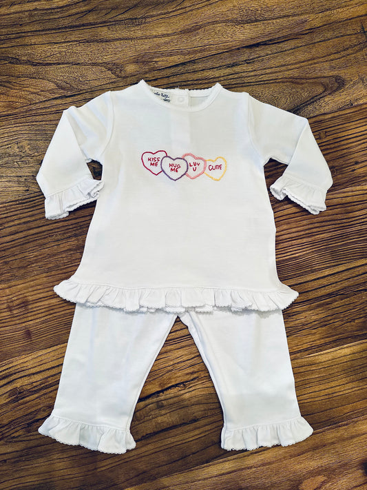 Hand Embroidered Hearts White Ruffle Pant Set- Magnolia Baby