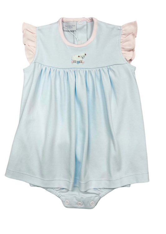 Lamb Blue with Pink Flutter Sleeve Apron Romper- Squiggles by Charlie