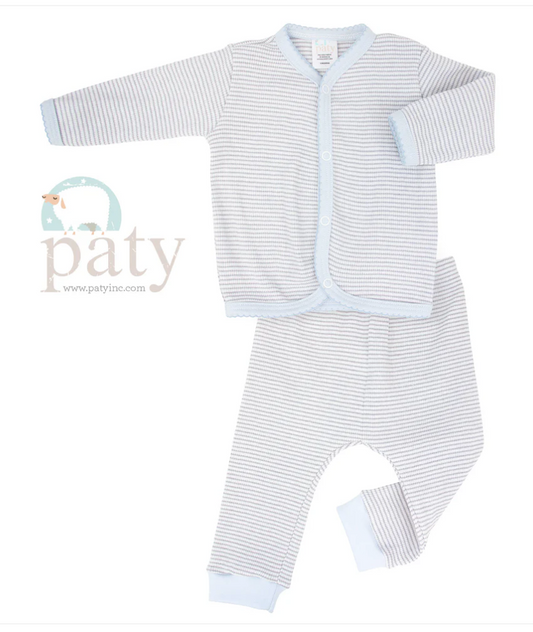 Paty 2 pc Set, Rib Knit Top w/ Snaps & Long Pants Blue/Grey