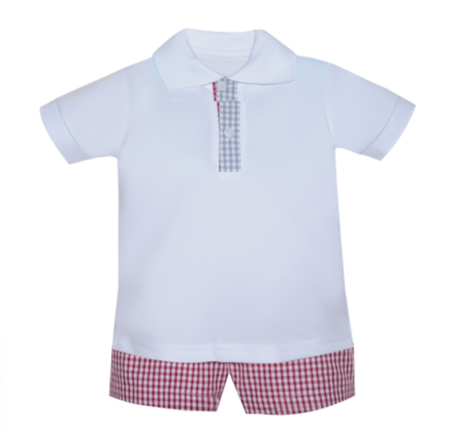 White Polo Shirt with Crimson/Gray Shorts