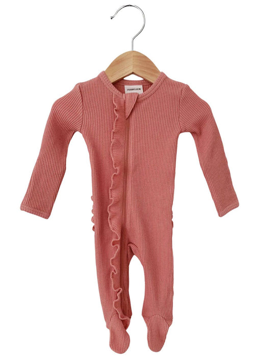 Organic Waffle Ruffle Zip Footie, Dusty Rose- Spearmint Love