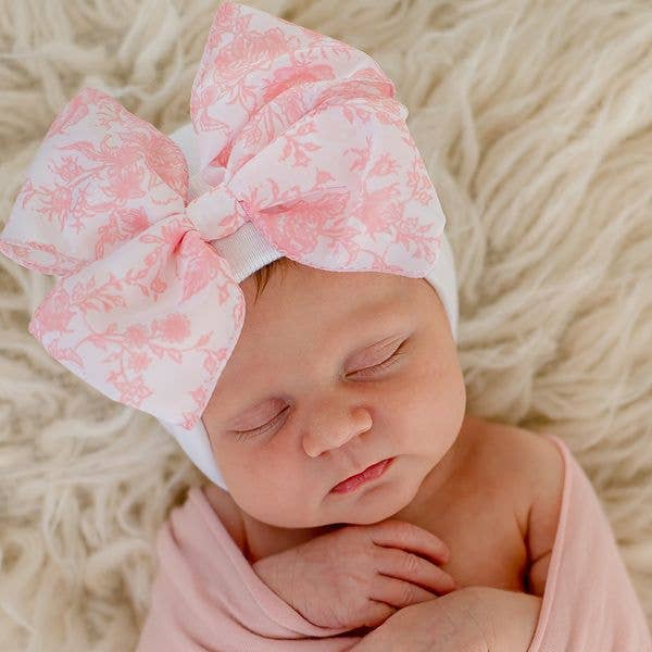 Blue or Pink Toile Floral Bow White Hospital Hat: Newborn