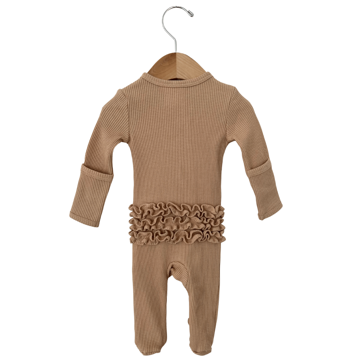 Organic Waffle Ruffle Zip Footie, Tan: - Spearmint Love