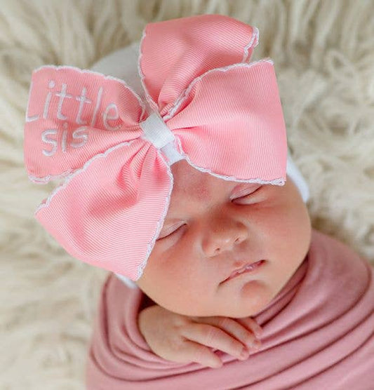 Pink Scalloped Bow with Little Sis Embroidery Newborn Hat