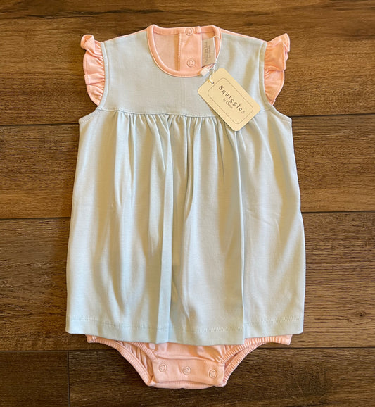 Blue with Pink Flutter Sleeve Apron Romper- Squiggles by Charlie