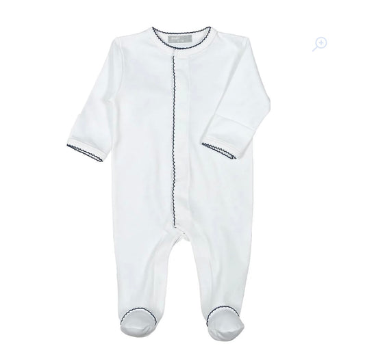 White Pima Footie with Navy Blue Trim