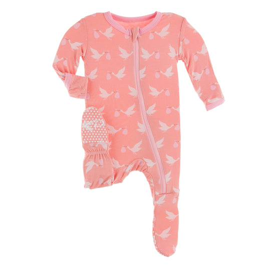 Print Footie with 2 Way Zipper in Blush Stork- Kickee Pants