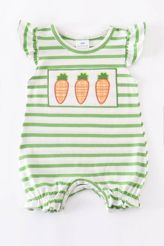 Green stripe carrot applique ruffle baby romper