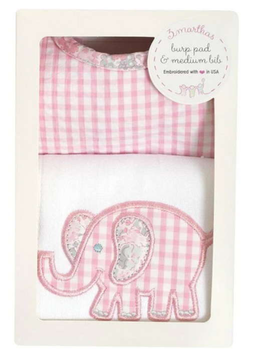 Pink Elephant Bib and Burp Cloth Set by 3 Marthas