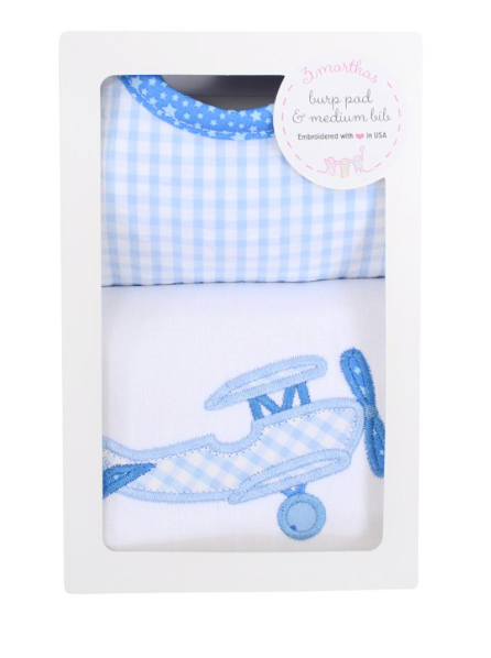 Blue Plane Medium Bib and Burp Box Set by 3 Marthas