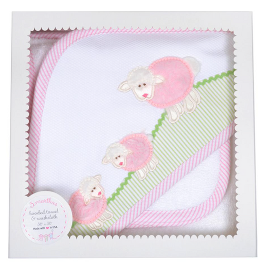 Pink Lamb Hooded Towel and Washcloth Set- 3 Marthas