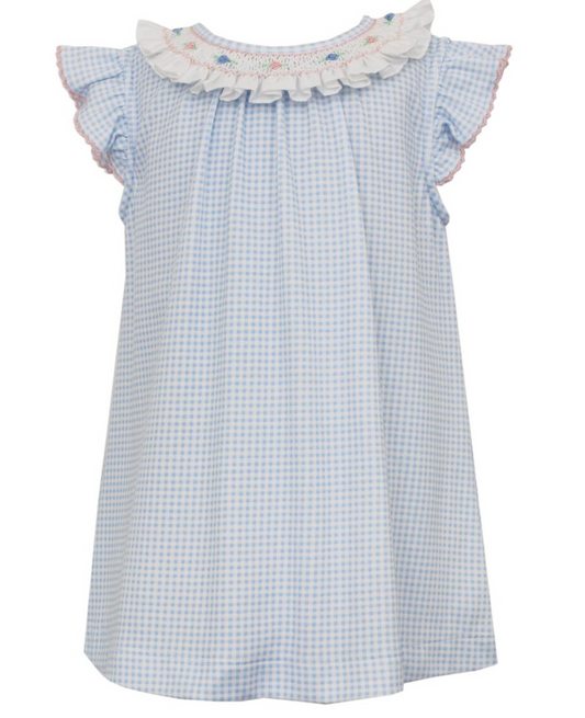 Pricilla - A-Line Dress - Pleated Smocked Collar -Blue Gingham