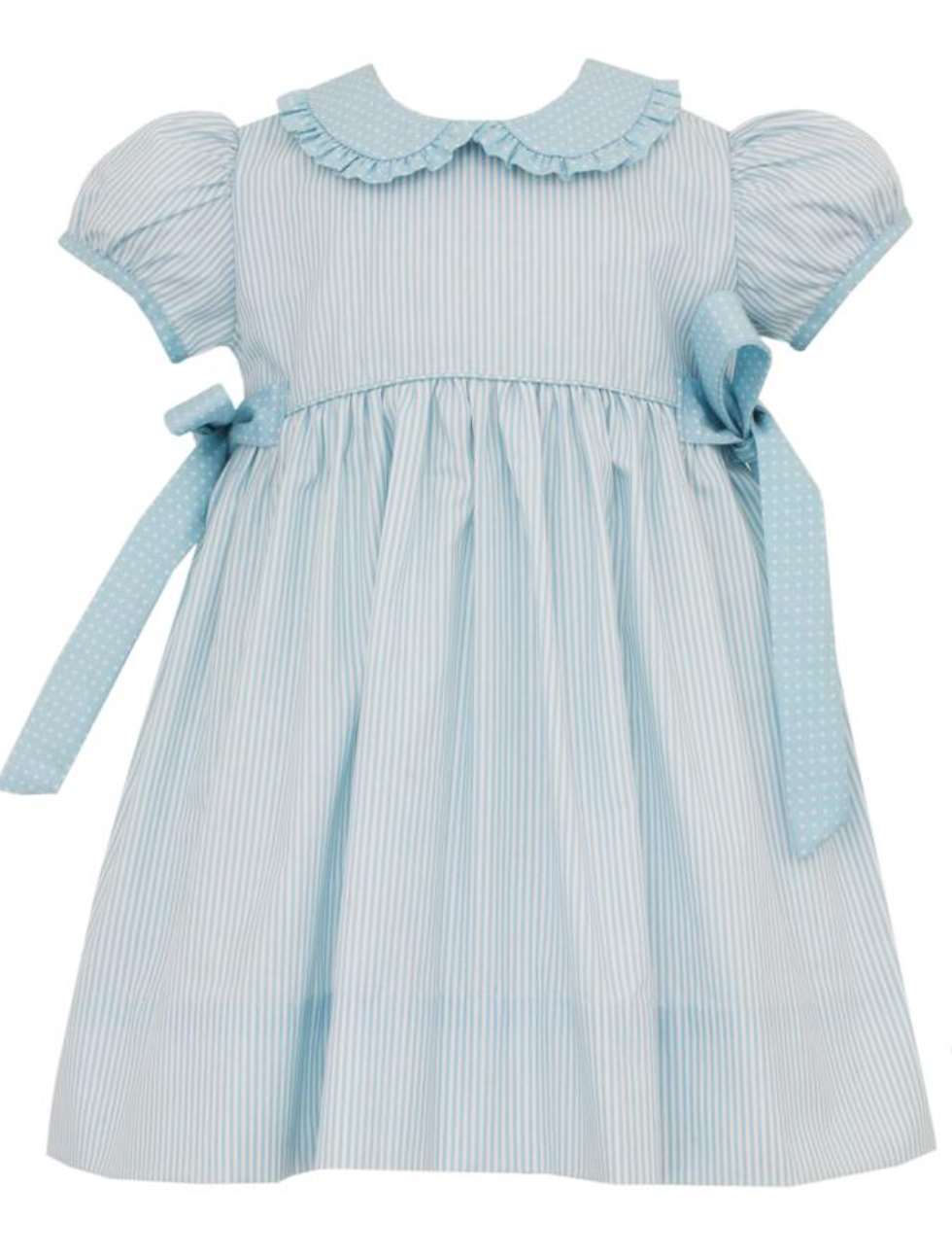 Blue Stripe Dress with Blue Dot Collar and Side Bows- Petit Bebe