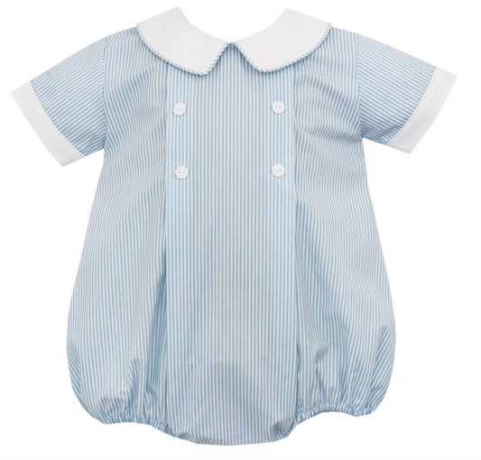 Blue Stripes Boy Bubble with White Collar- Petit Bebe