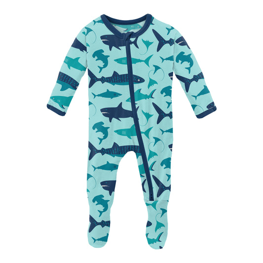 Print Footie with 2 Way Zipper in Summer Sky Sharks- Kickee Pants