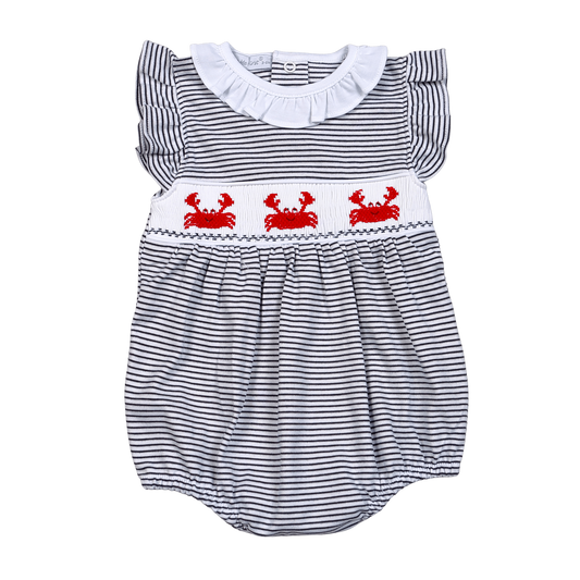 NAVY BLUE STRIPES CRABS HAND SMOCKED PIMA BUBBLE