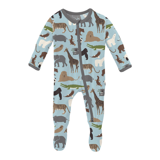 Print Footie with 2 Way Zipper in Spring Sky Zoo- Kickee Pants