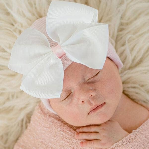 ilybean Ava Newborn Girl Hat White Bow with Pink Center