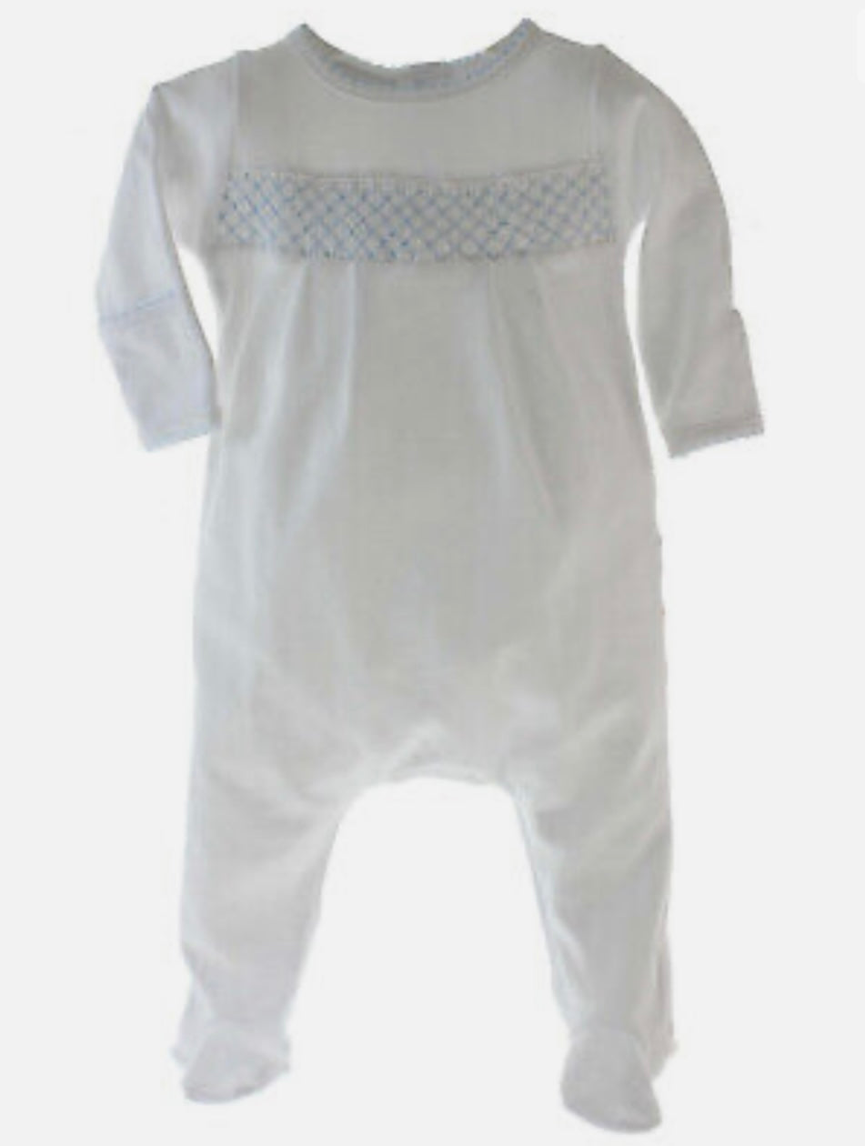White with Blue Smocked Footie